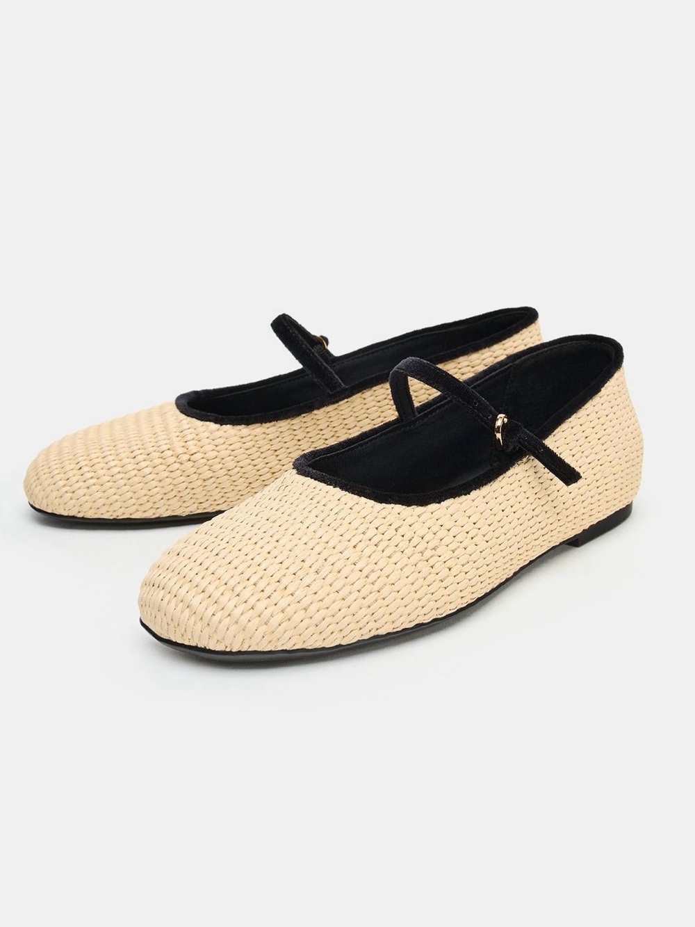 Zara Beige Woven Mary Jane Flats with Black Trim